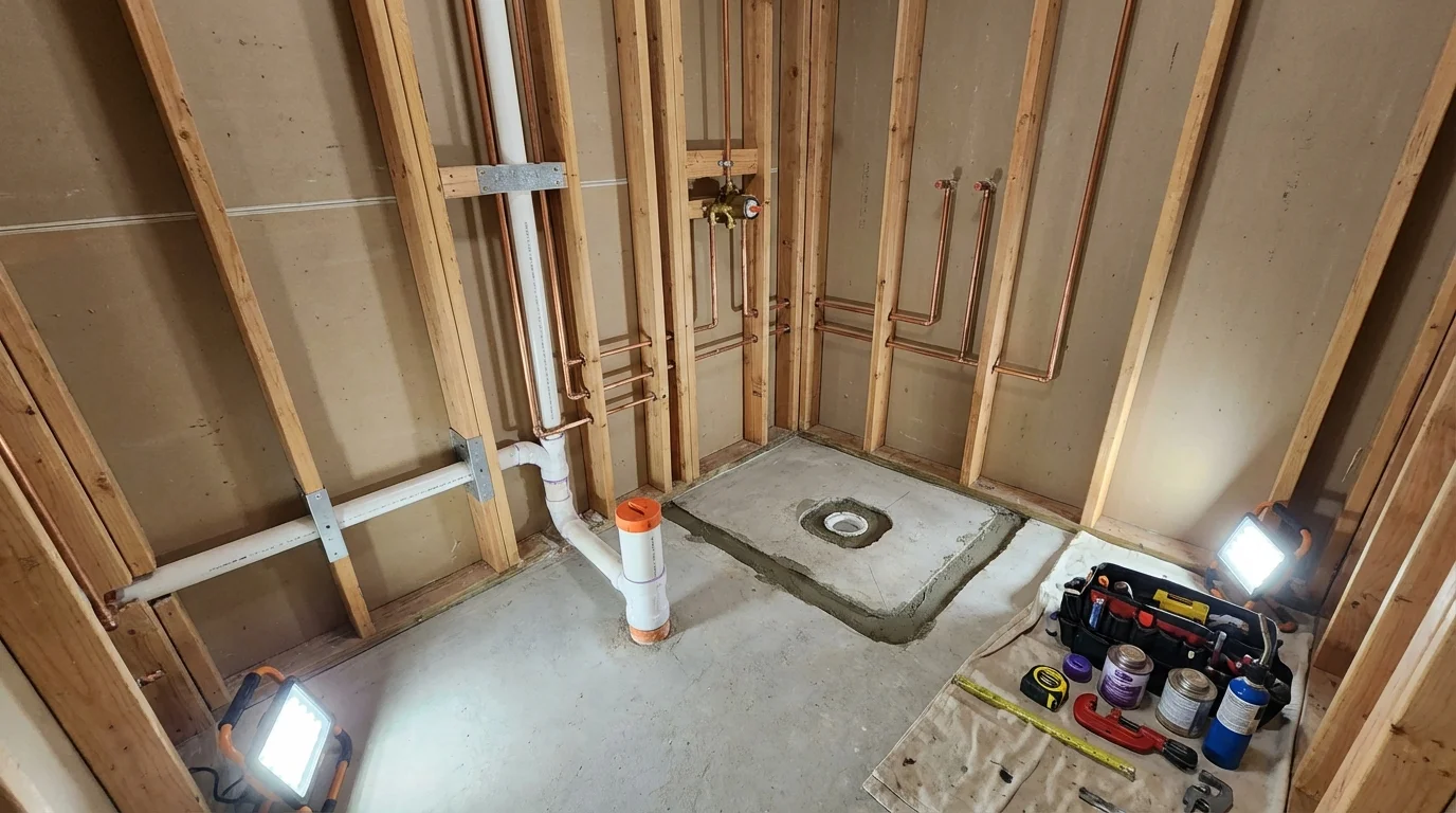 Bathroom rough-in plumbing during remodel by Johns Plumbing LLC in Ponderay