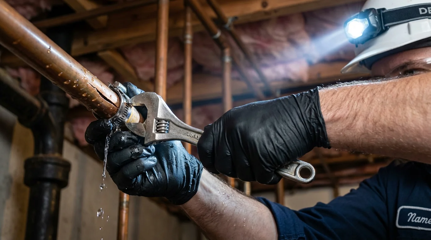 Emergency pipe clamp repair being performed by a Johns Plumbing LLC plumber in Ponderay
