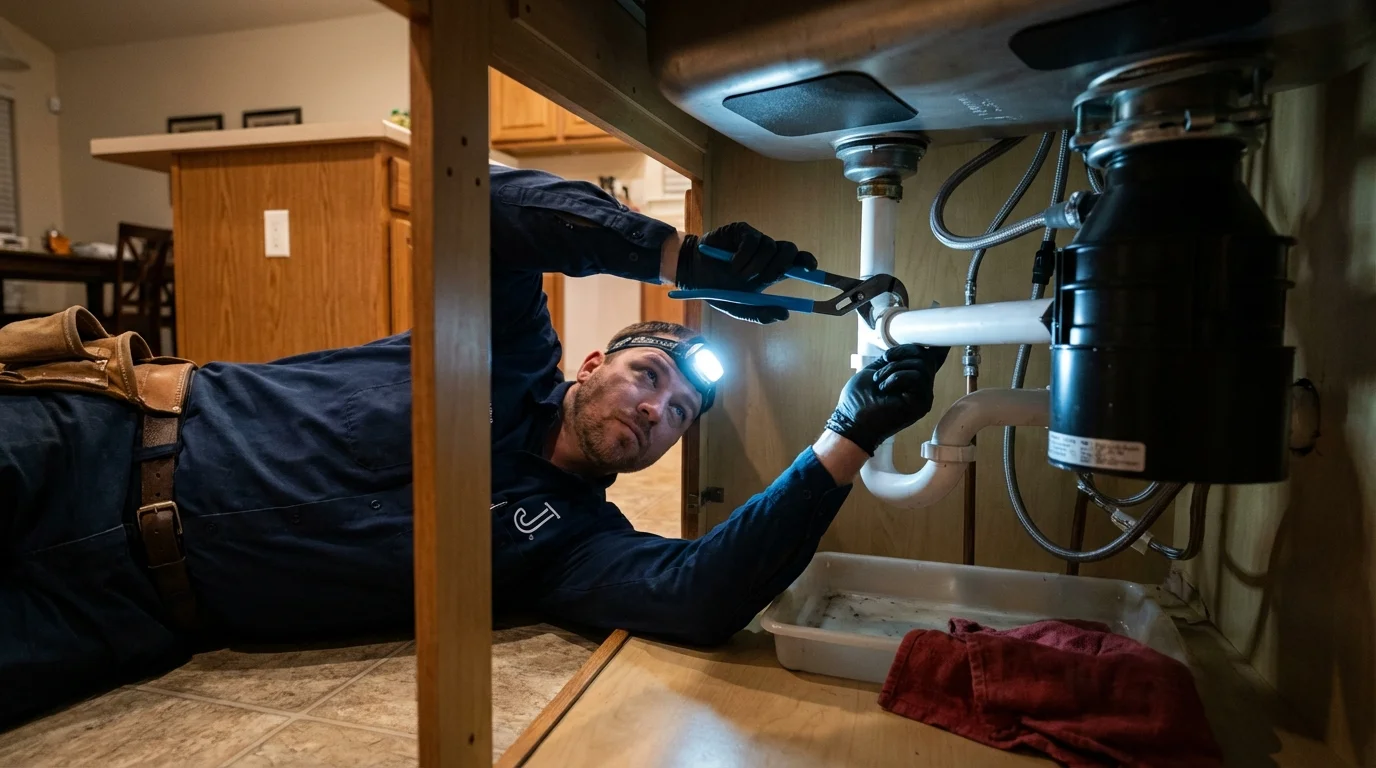 P-trap and supply line connections under a kitchen sink showing a common leak point in Ponderay, ID